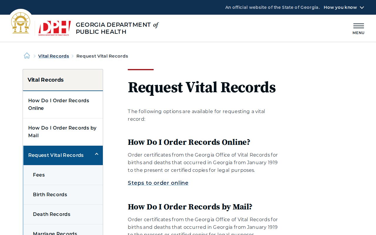 Georgia DPH vital record request options for Muscogee family research