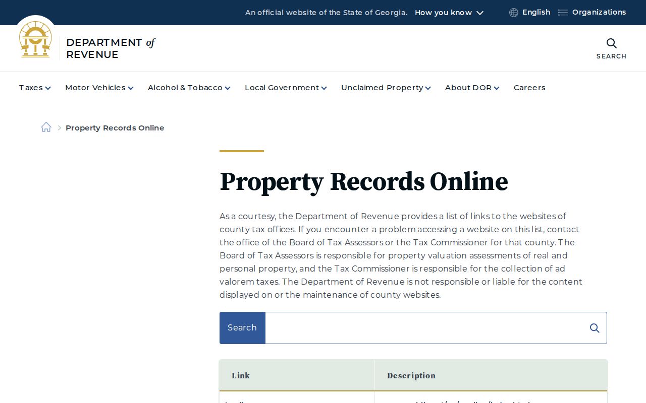 Georgia Department of Revenue county property records directory including Muscogee County